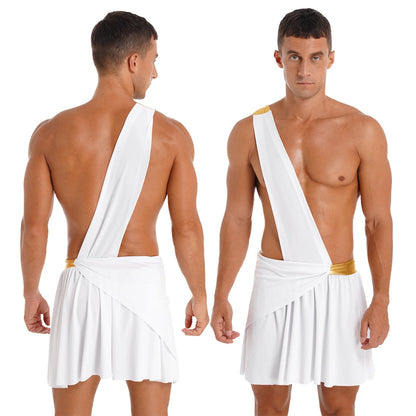 Men's Halloween Ancient Greek Roman Theme Toga Costume One Shoulder Strap Waistband Ruffle - White / M