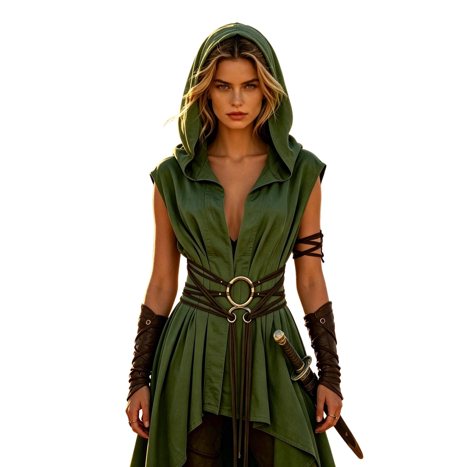 Women Irregular Hem Renaissance Elf Tunic Robe Medieval Ranger Hooded Sleeveless