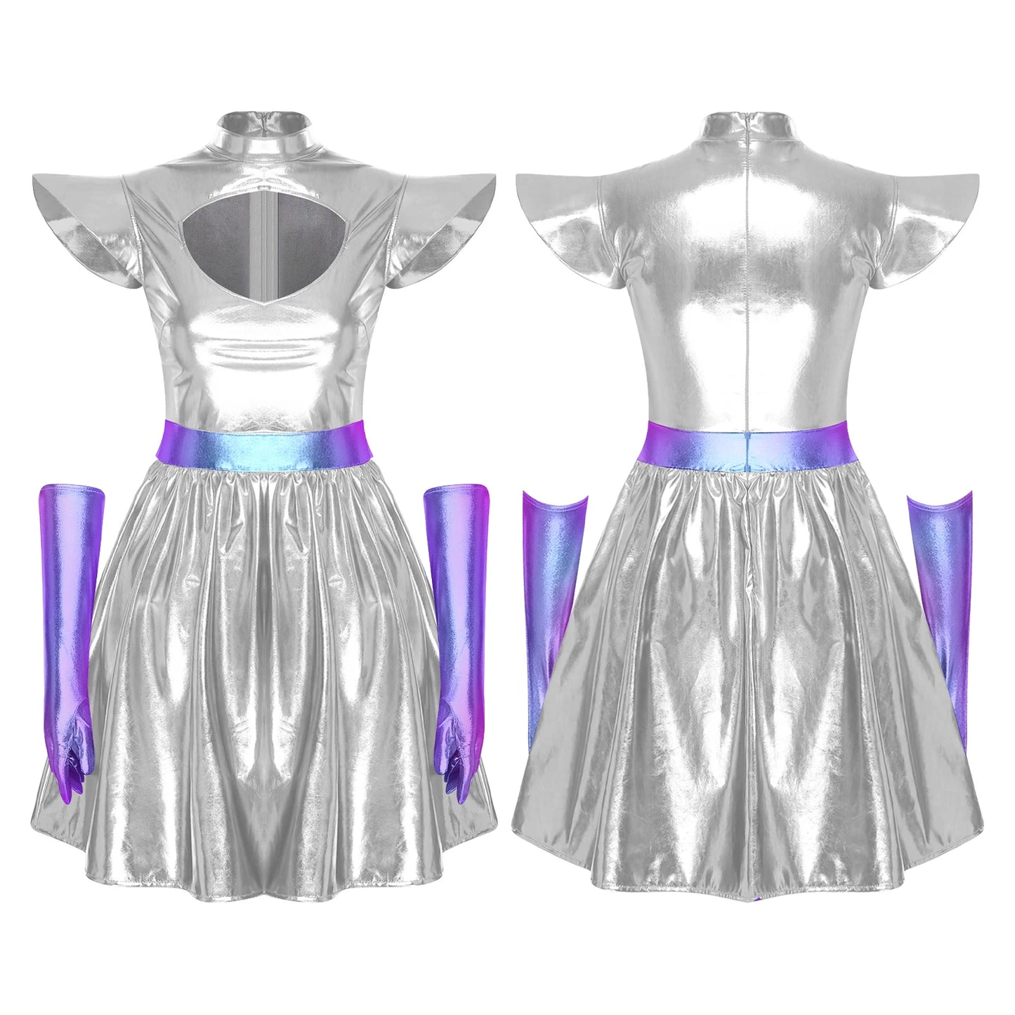 Adult Women Alien Outerspace Halloween Costume Dancewear Sleeveless Space Cadet Leotards - B-Silver / XL