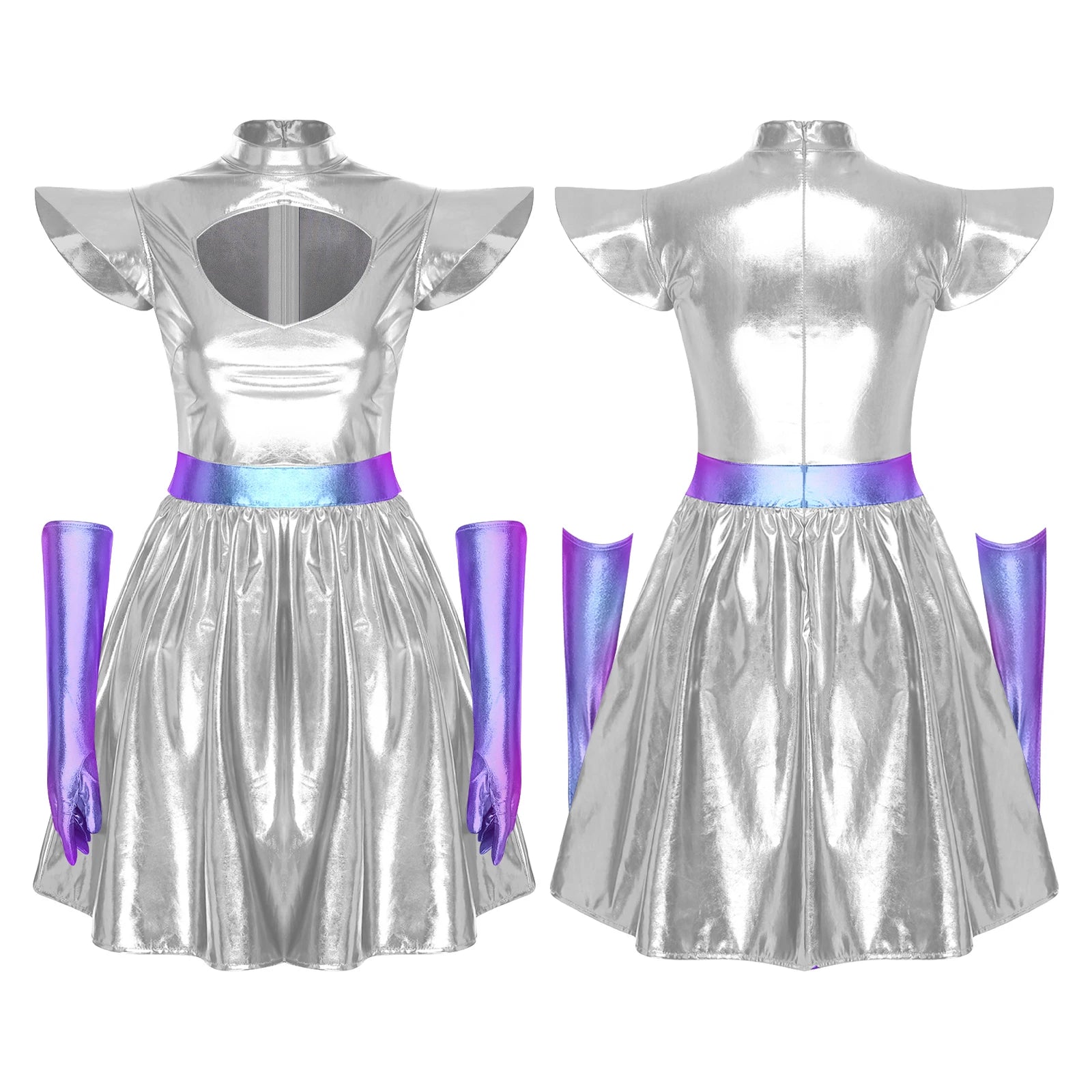 Adult Women Alien Outerspace Halloween Costume Dancewear Sleeveless Space Cadet Leotards - B-Silver / XL