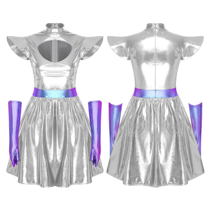 Adult Women Alien Outerspace Halloween Costume Dancewear Sleeveless Space Cadet Leotards - B-Silver / XL