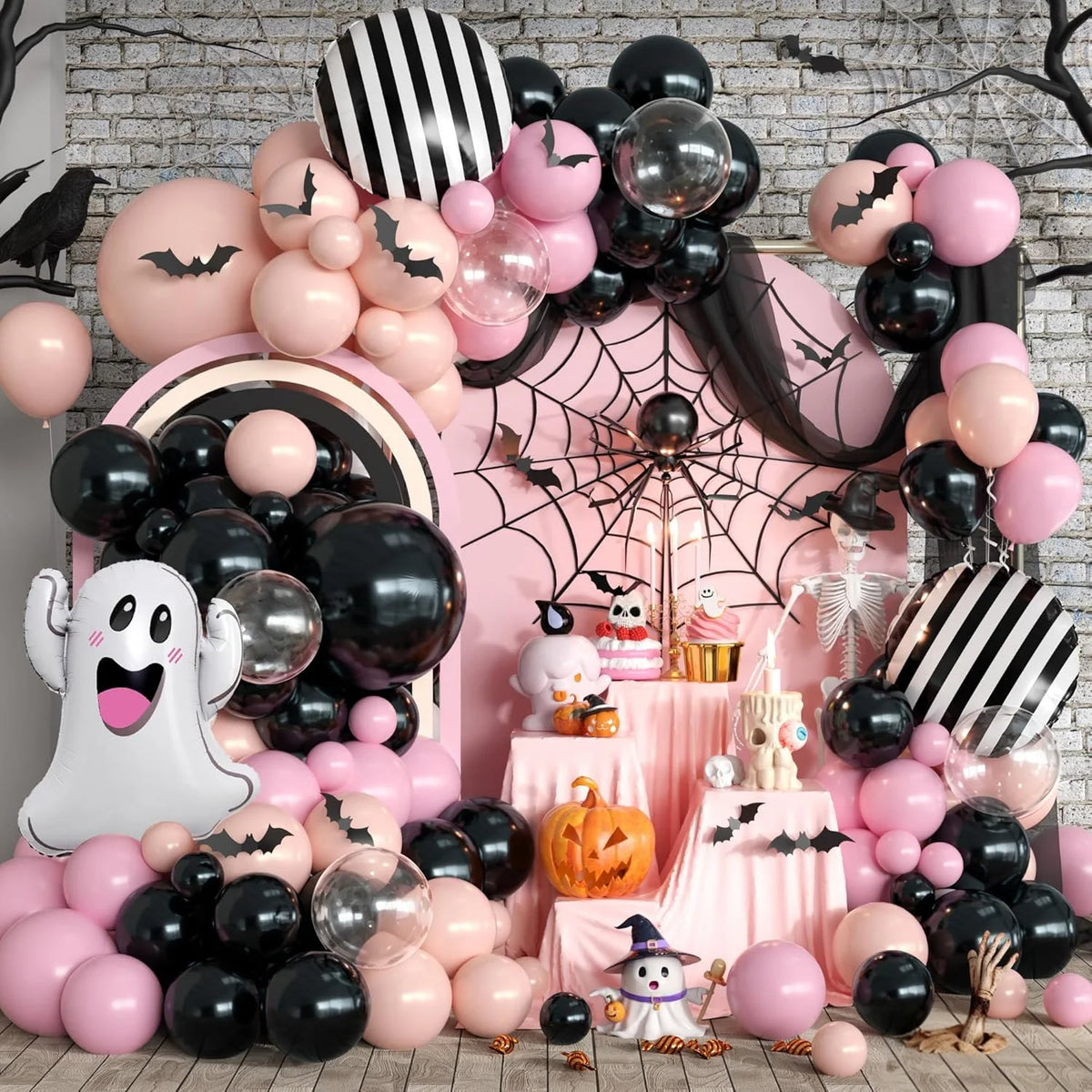124-Piece Balloon Garland Featuring Spiderwebs Bats Halloween Decoration