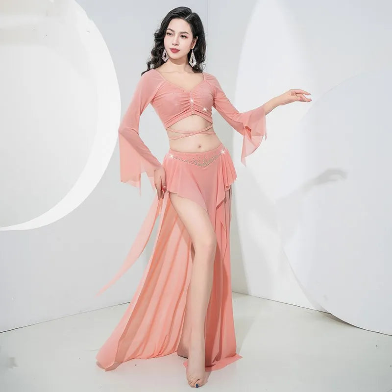 Women's Adult Costumes Horn Long Sleeve Oriental Dance Dress Sparkle Rhinestone Shine Skirt Sexy Side Split - product image 4