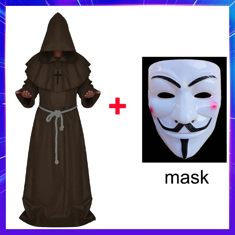 Halloween Wizard Costume Medieval Monk Hooded Robe Costume Mask Hat for Men Steampunk - C5 / Halloween cosplay