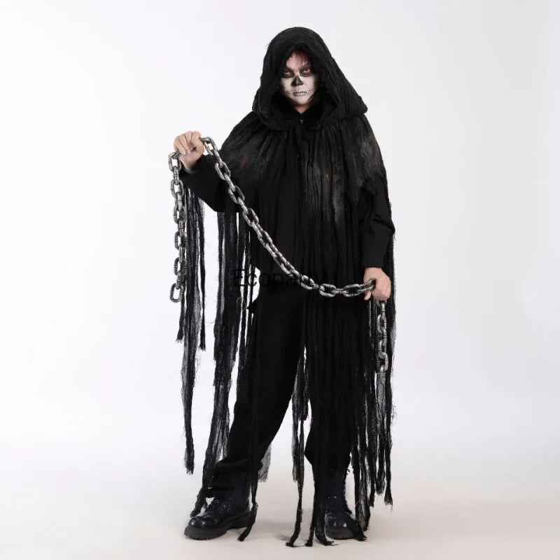 Adult Halloween Ghost Dementors Costume Horror Dilapidated Tassels Zombie Hooded Cape Day - WHITE / One Size