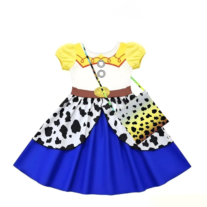 Kids Western Cowgirl Costume Girls Cartoon Print Short Sleeve Dress Costume Birthday