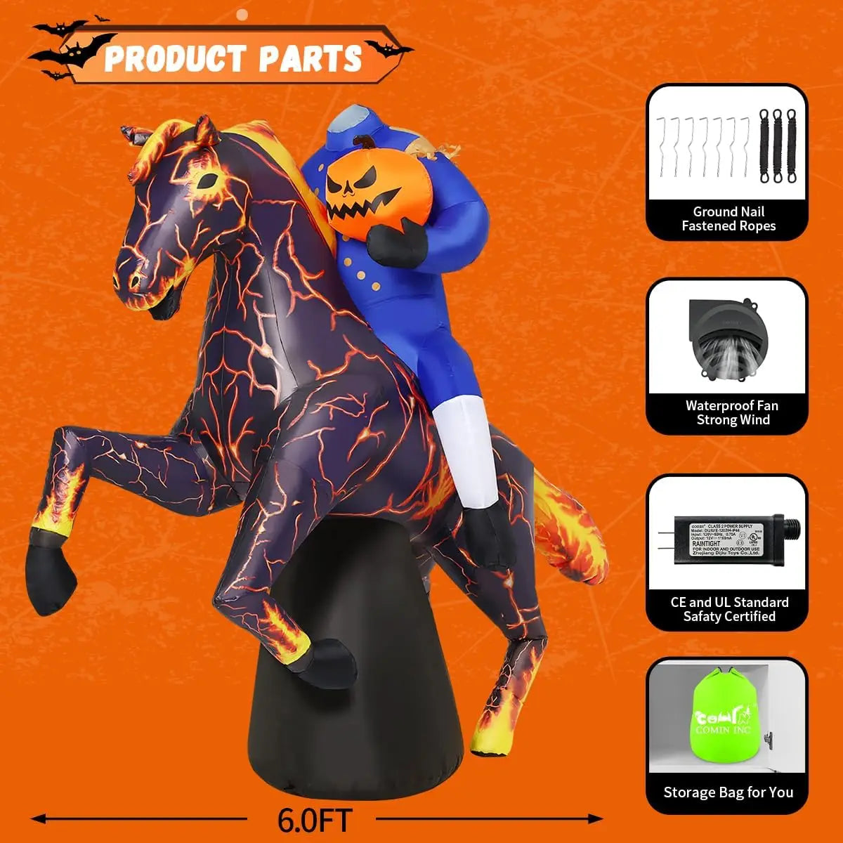6FT Long Halloween Inflatables Headless Horseman Outdoor Decorations Blow Up Lightning Horse Yard with Built-in LEDs for I
