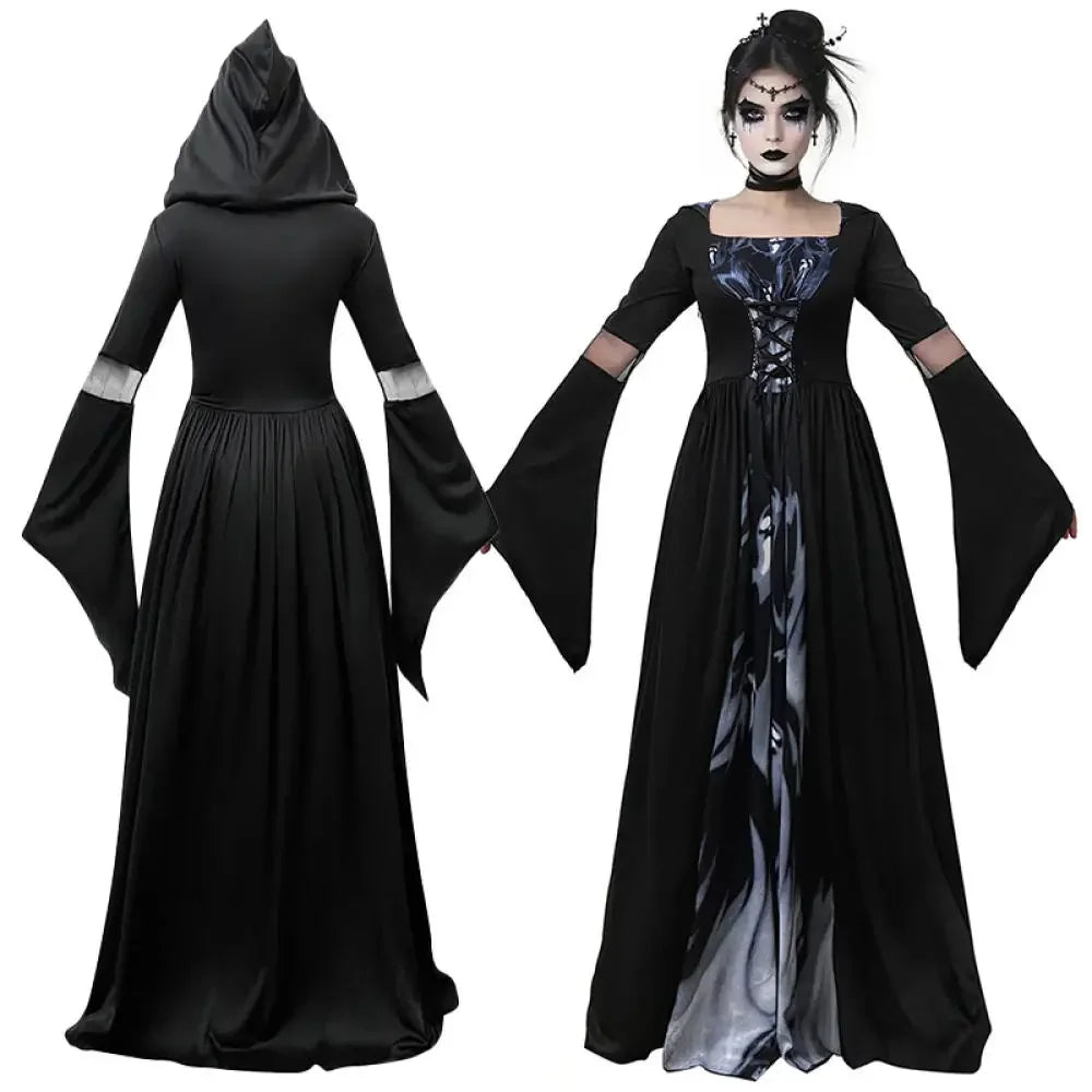 Halloween Witch Dress Women's Gothic-Style Long Hooded Vampire Dress Vintage In Black with Ghost Print and - product image 3