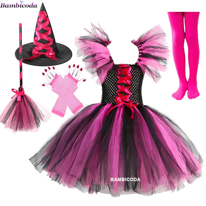 Kids' Witch Disguise Tutu Knee Hat Broom Pantyhose Halloween Costume - a3 / M(4-5Y)