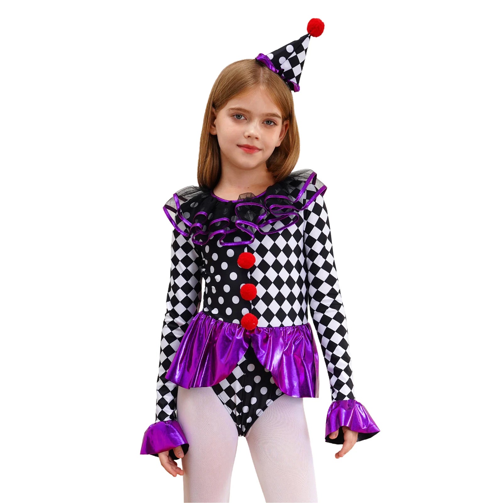Kids Girls Halloween Circus Clown Costume Theme Performance Sleeve Checkerboard Print - Purple / 14