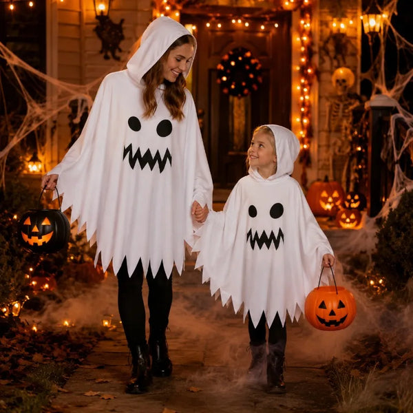 White Ghost Halloween Poncho - Hooded Scary-Face Costume Cape