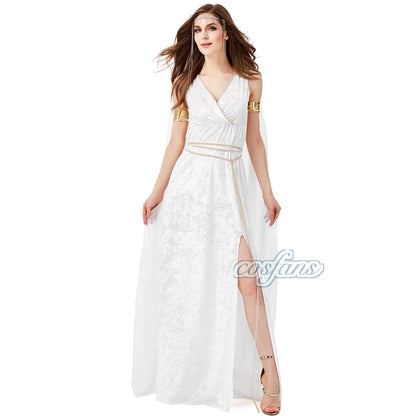 Ancient Greek Mythology Goddess Queen Costume Sexy High Slit Dress for Women Halloween - Beige / S