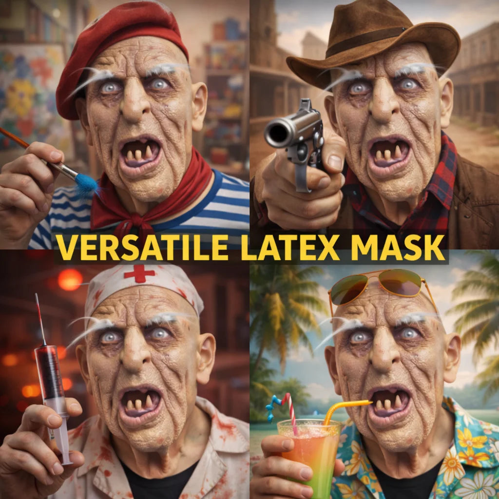 Realistic Horror Old Man Mask Latex Wrinkled Face with Crooked Teeth & White Eyebrows - View 6