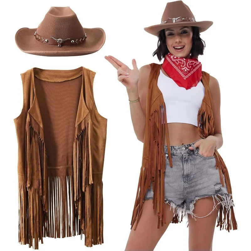 3 Pcs Women Cowboy Cowgirl Costume Faux Suede Tassel Vest Waistcoat with Rivets