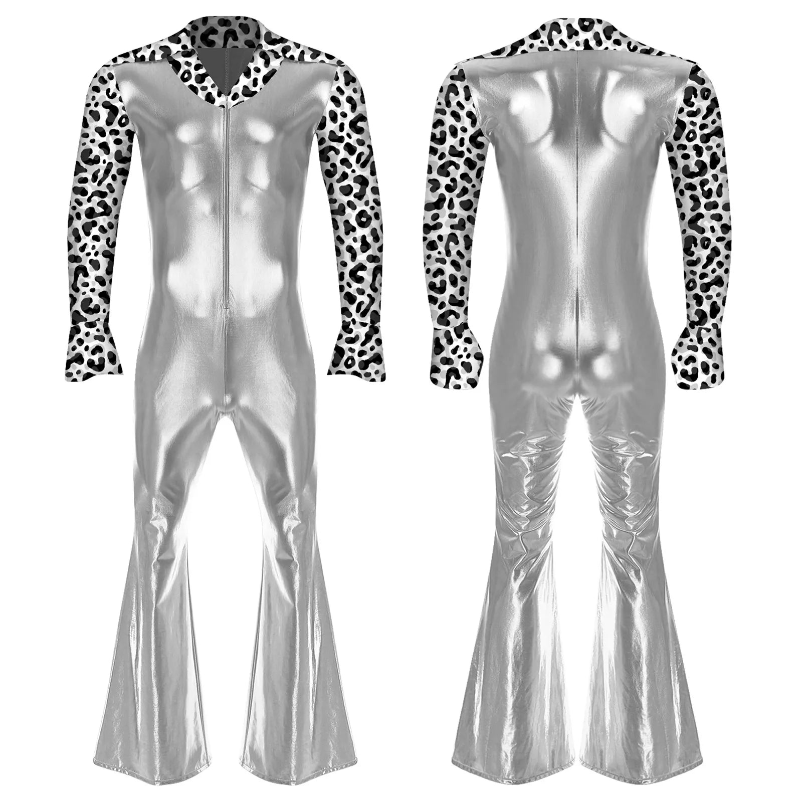 Men Hippie Costume Retro Disco Jazz Dance Jumpsuit Lapel V Neck Flare Sleeve Bell Bottom - Blue / L