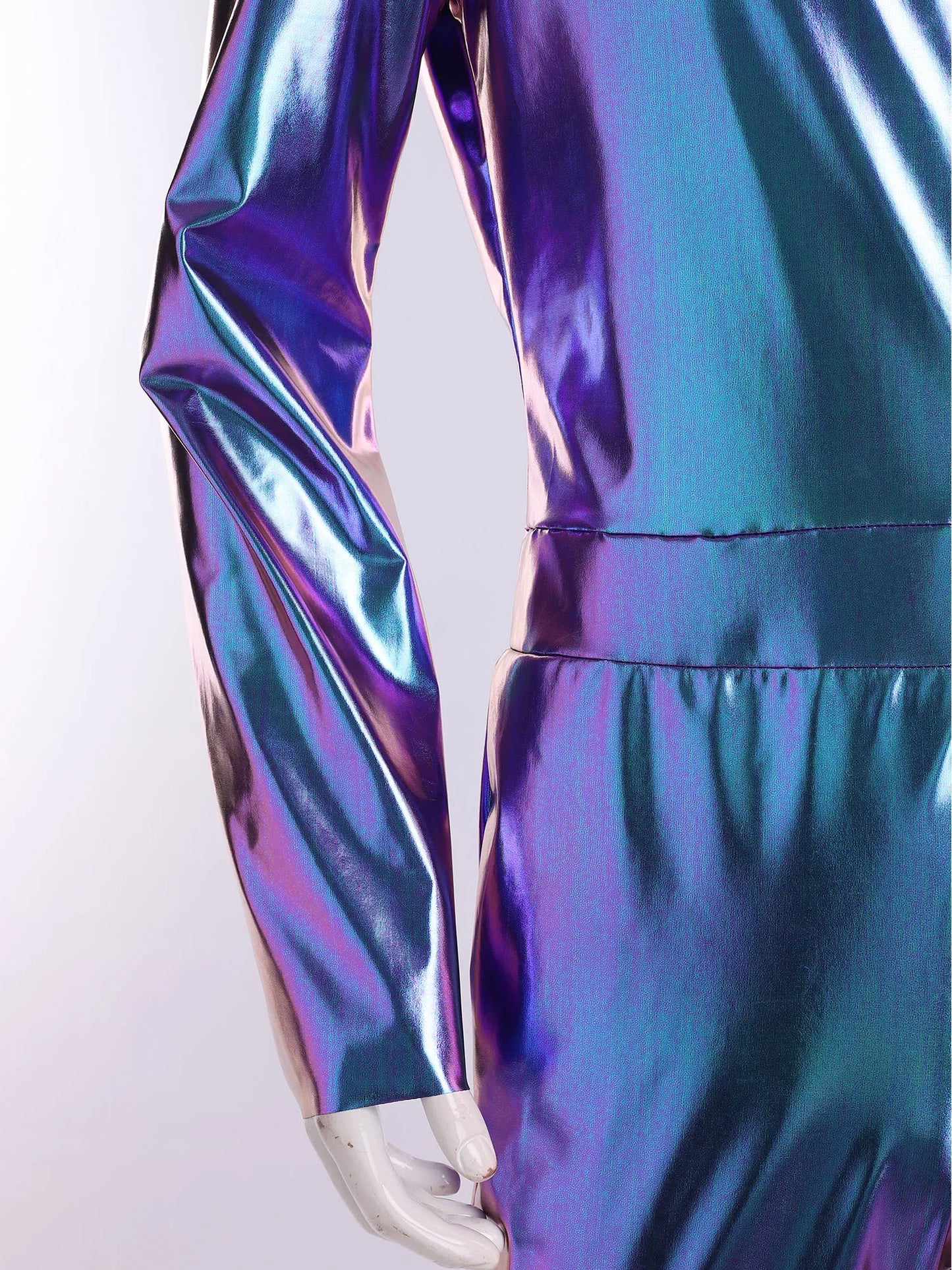 Men 70s Disco Jazz Dance Performance Costume Flare Sleeve Zipper Metallic Shiny Jumpsuit - Black / L