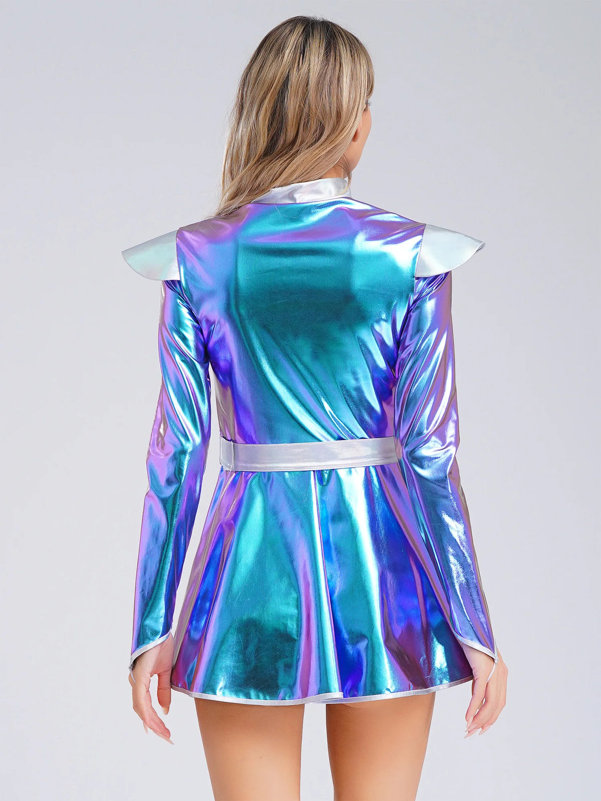 Women Halloween Alien Costume Long Sleeves Front Zip A-line Dress with Belt Shiny Metallic Outer Space Alien Costume