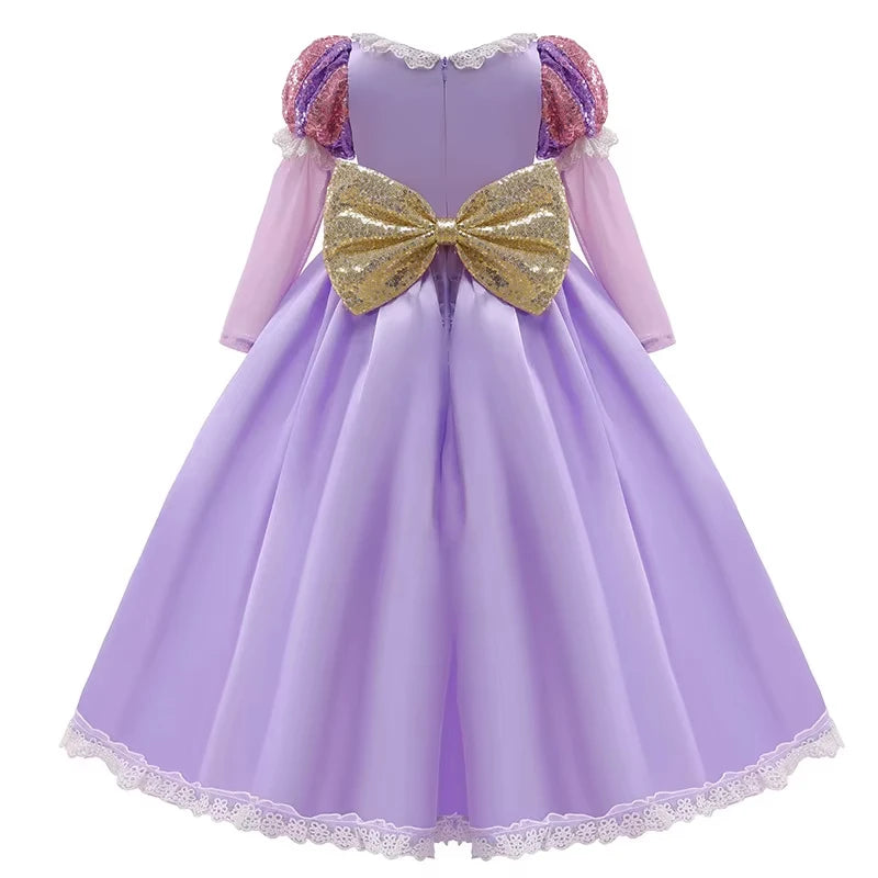 Girl Rapunzel Princess Dress for Kids Halloween Cosplay Tangled Costume Birthday Party Gifts Purple Sequins Mesh Bow Clothing