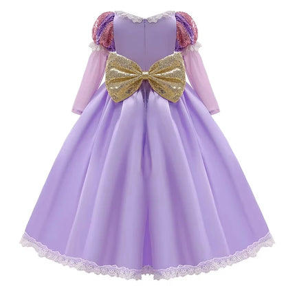 Girl Rapunzel Princess Dress for Kids Halloween Cosplay Tangled Costume Birthday Party Gifts Purple Sequins Mesh Bow Clothing
