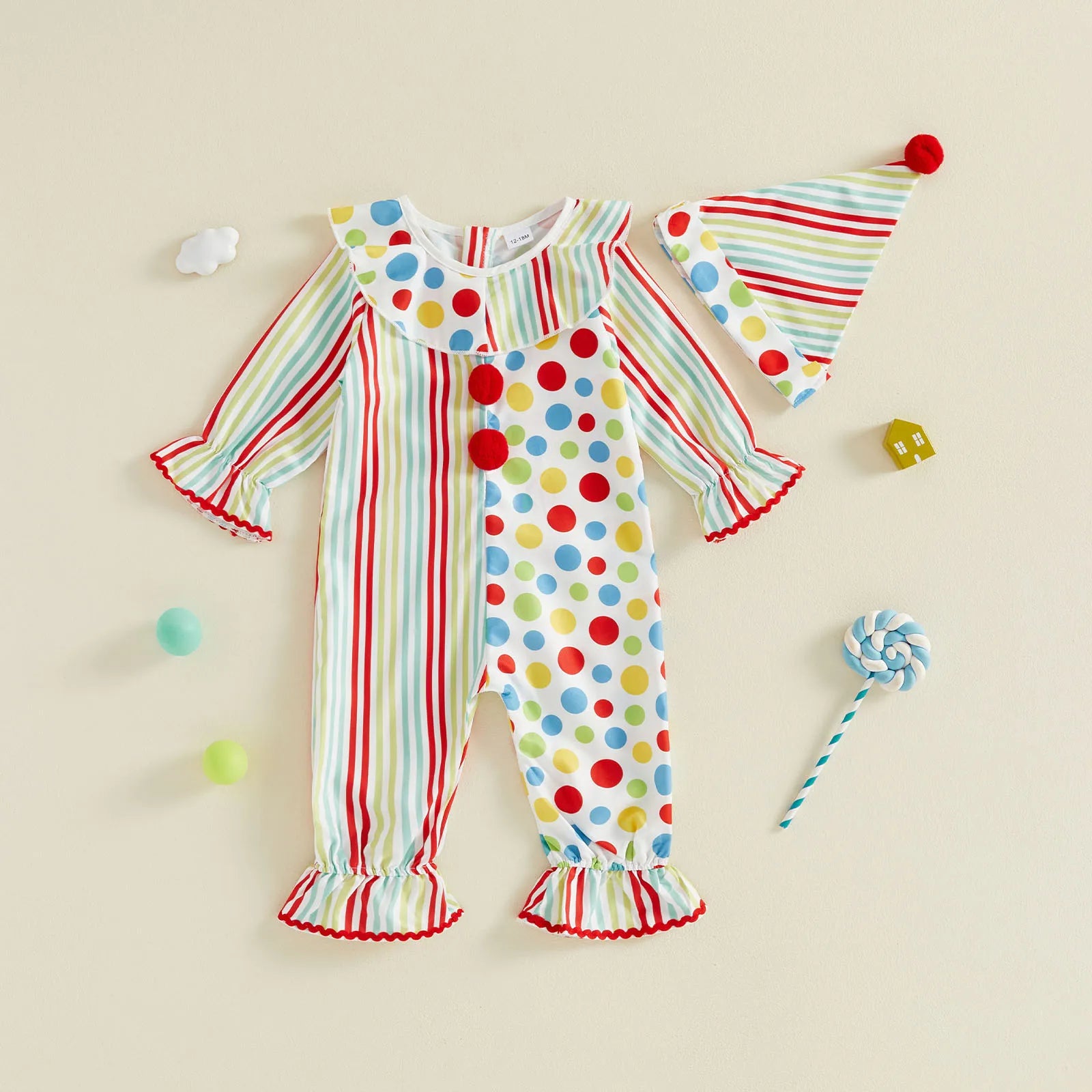 Toddler Baby Clown Costume Stripe Dot Print Sleeve Jumpsuit with Hat Baby Boy Halloween - Ivory / 3T（户外运动）