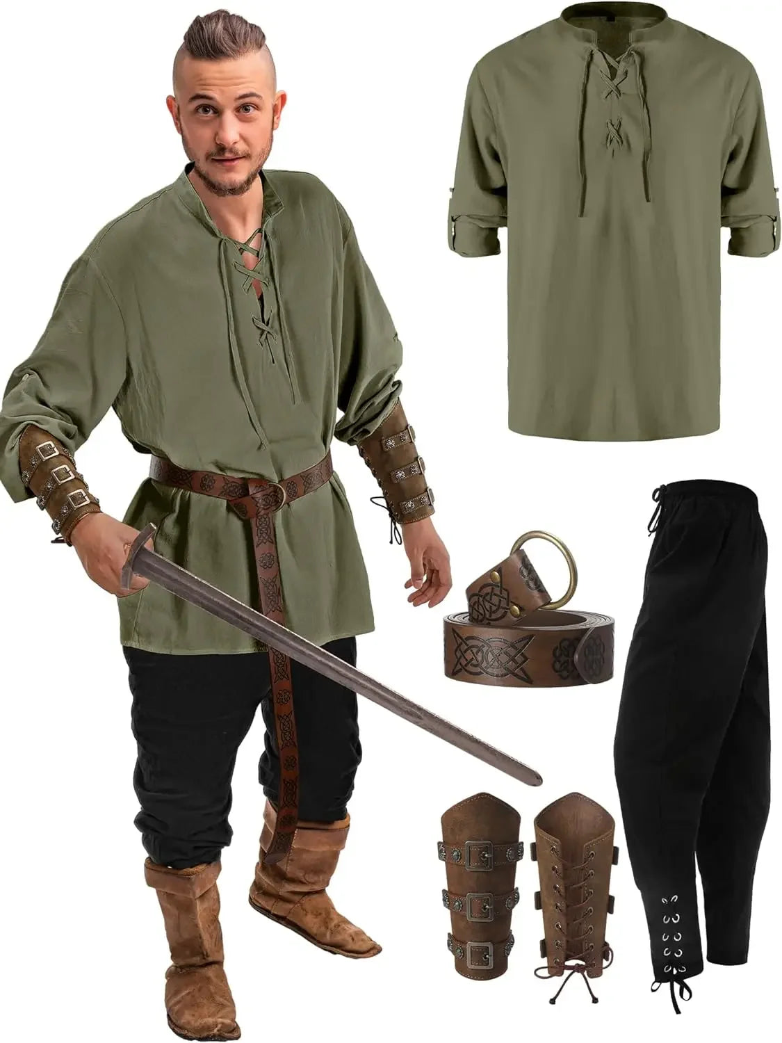 4 Pcs Halloween Men's Renaissance Costume Set Medieval Pirate Shirt Ankle Banded Pants Viking Belt Accessories - product image 10