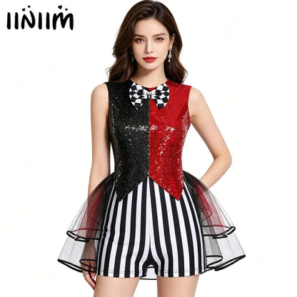 Women's Mad Circus Clown Costume Jumpsuit Sequin and Striped Checker Bowtie Tiered Tulle - Purple / L