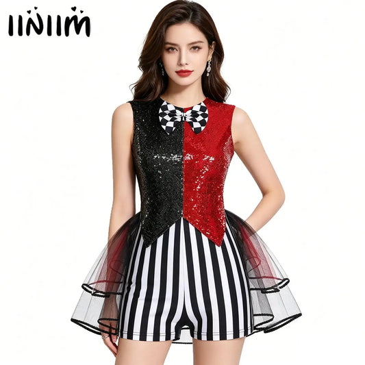 Women's Mad Circus Clown Costume Jumpsuit Sequin and Striped Checker Bowtie Tiered Tulle - Purple / L