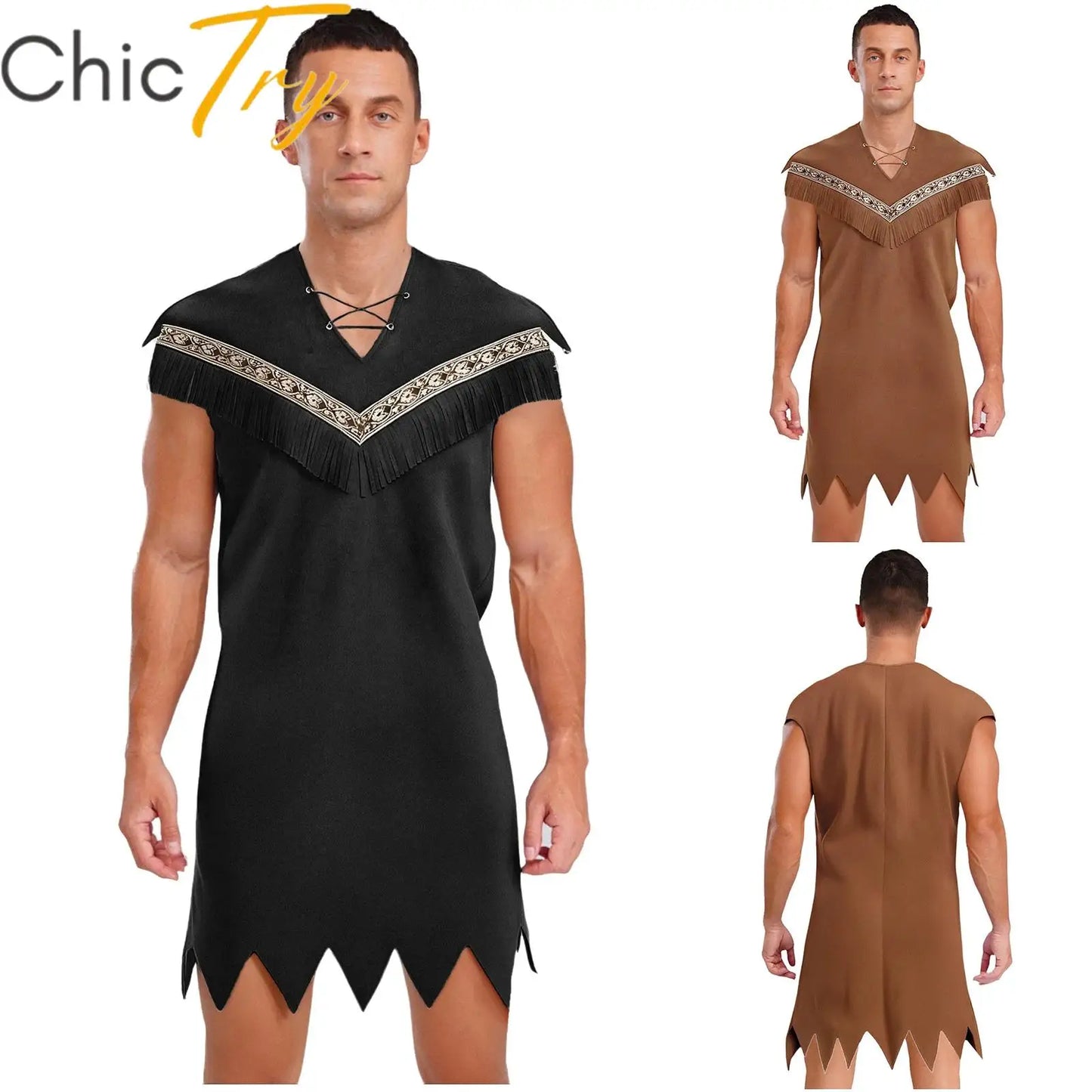 Men's Indian Indigenous Savage Aboriginal Hunter Sleeveless Fringe Costume