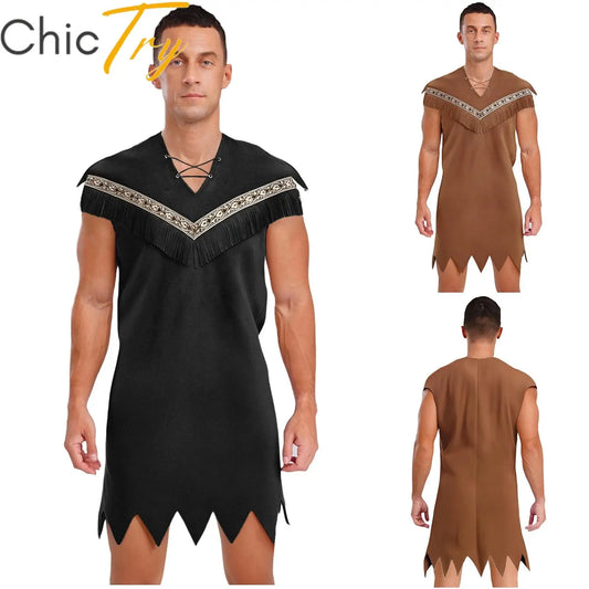 Men's Indian Indigenous Savage Aboriginal Hunter Sleeveless Fringe Costume