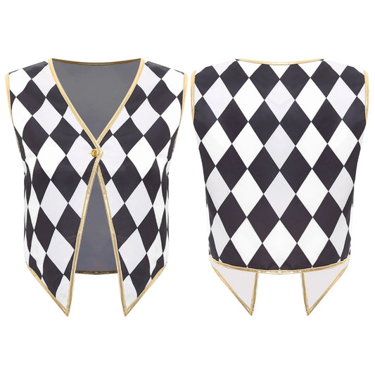 Unisex Halloween Circus Clown Ringmaster Sleeveless Vest Checkerboard Plaid Waistcoat - Red Black / M