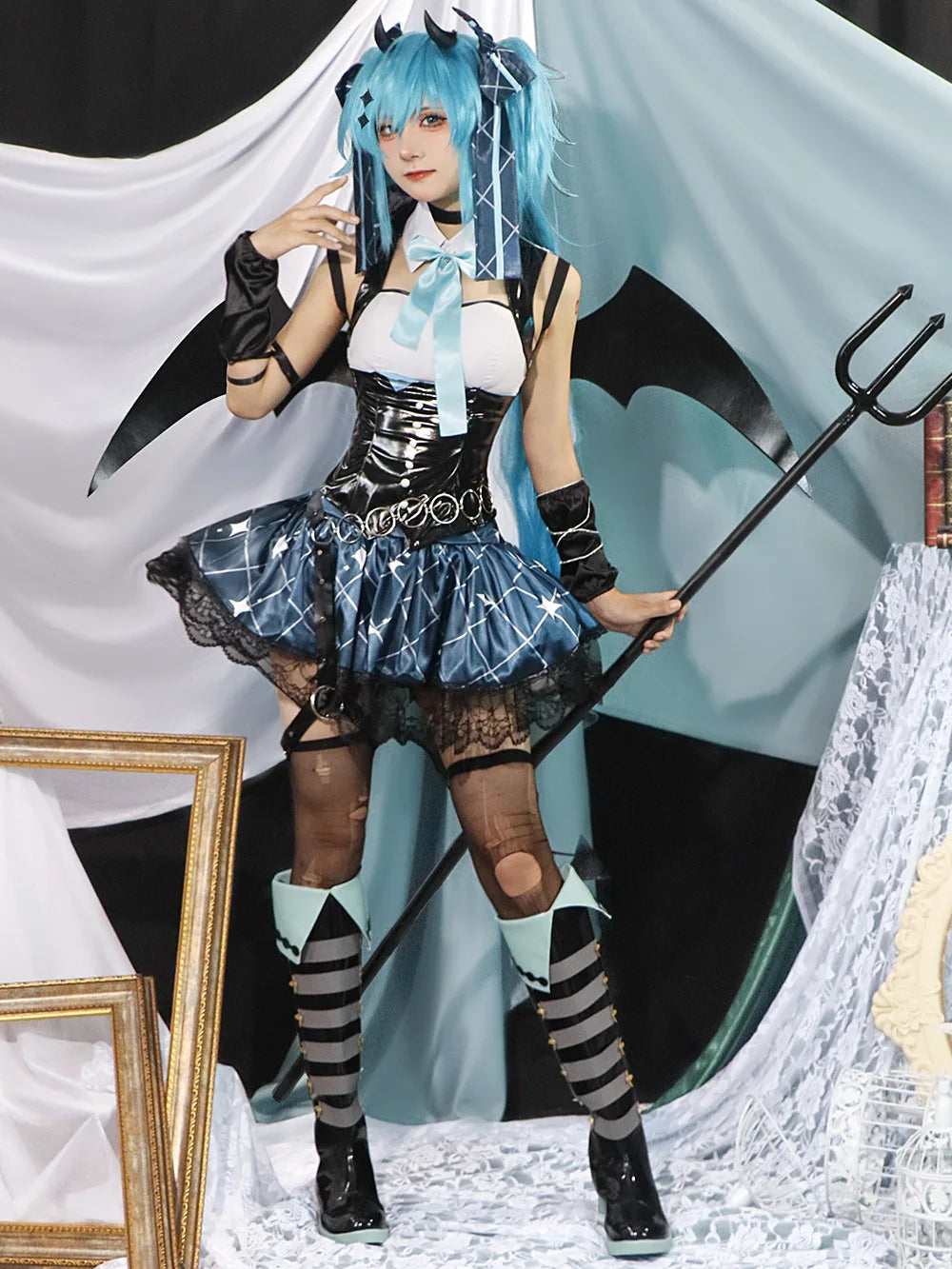 Anime Demon Miku Costume Women Sexy Dress Wings Suit Miku Cute Devil Uniform with Tail - wig / XL