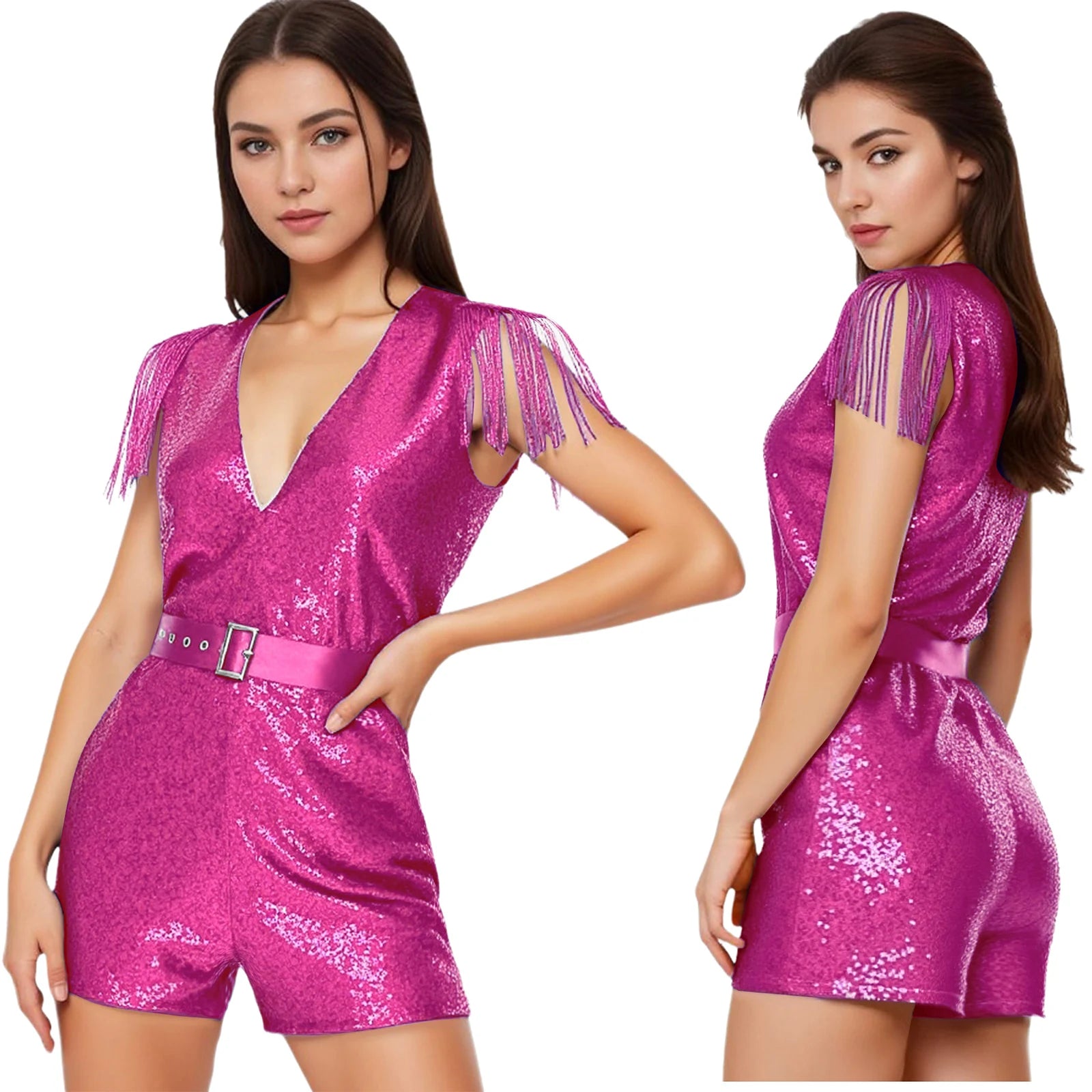Women's Hip Hop Jazz Dance Sleeveless V-neck Sequin Tassels Jumpsuit with Costume - alternate view 15