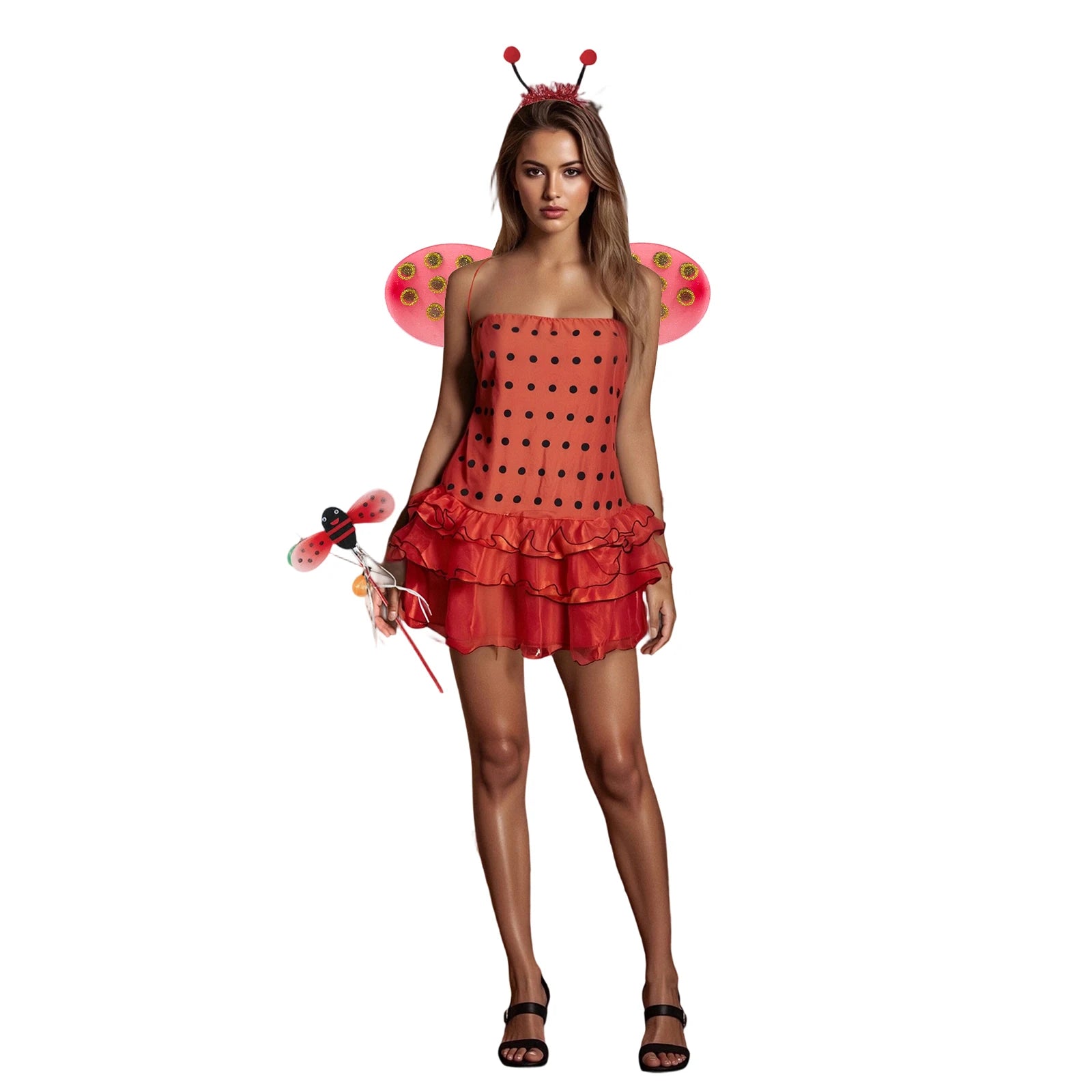 Women Ladybug Costume Dress up Beetle Wings Bee Fairy Role Play Costume Outfit Dress