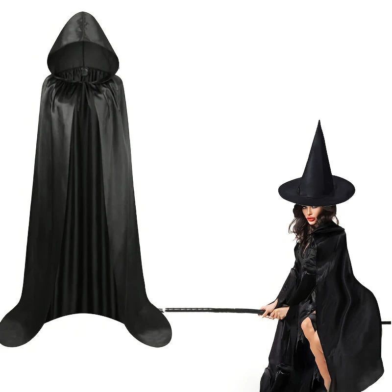 Wicked Witch Hooded Cloak Costume – Black Halloween Robe & Hat