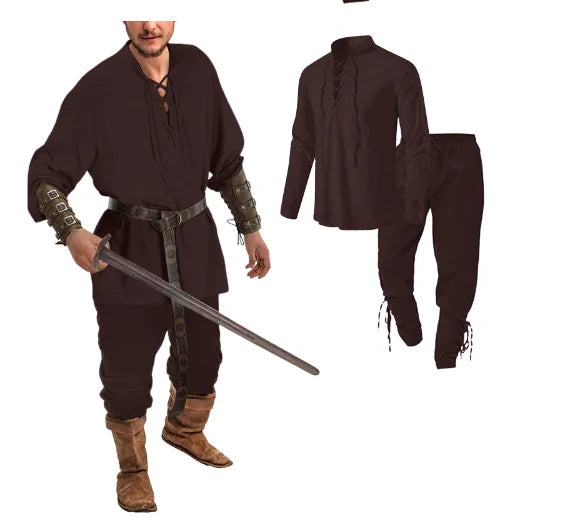 4 Pcs Halloween Men's Renaissance Costume Set Medieval Pirate Shirt Ankle Banded Pants Viking Belt Accessories - product image 19