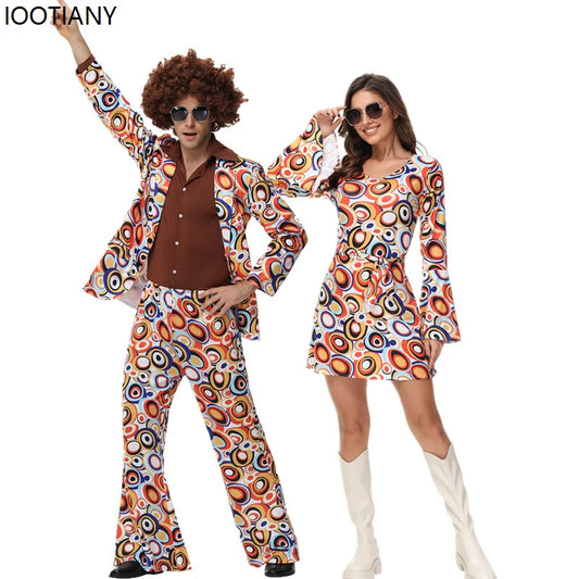 Halloween Hippie Costume Couples Costume Men Women 70s Retro Disco Outfit Dress Up - C Men with wig / XL