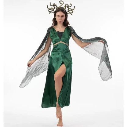 Goddess Medusa Green Dress Cosplay Women Costume Female Headgear Skirts Dance Party Perfemence Clothing Halloween Carnival Suits