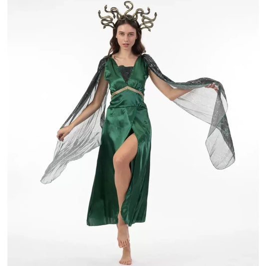 Goddess Medusa Green Dress Cosplay Women Costume Female Headgear Skirts Dance Party Perfemence Clothing Halloween Carnival Suits