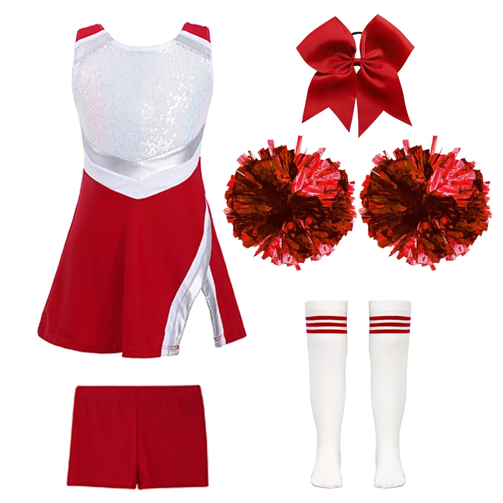Girls' Cheerleader Costume Uniform with Pom-Poms - A White Black 6