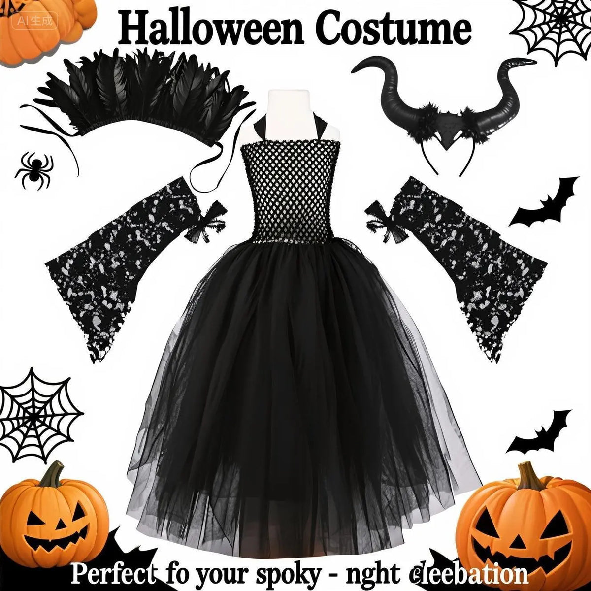 Kids' Princess Birthday Dark Black Evil Queen Mesh Wings Halloween - product image 9
