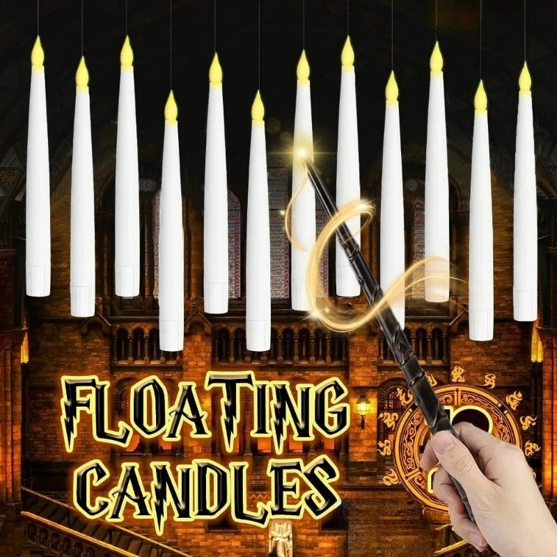 Magic floating LED Halloween candles with wand remote and warm flickering light