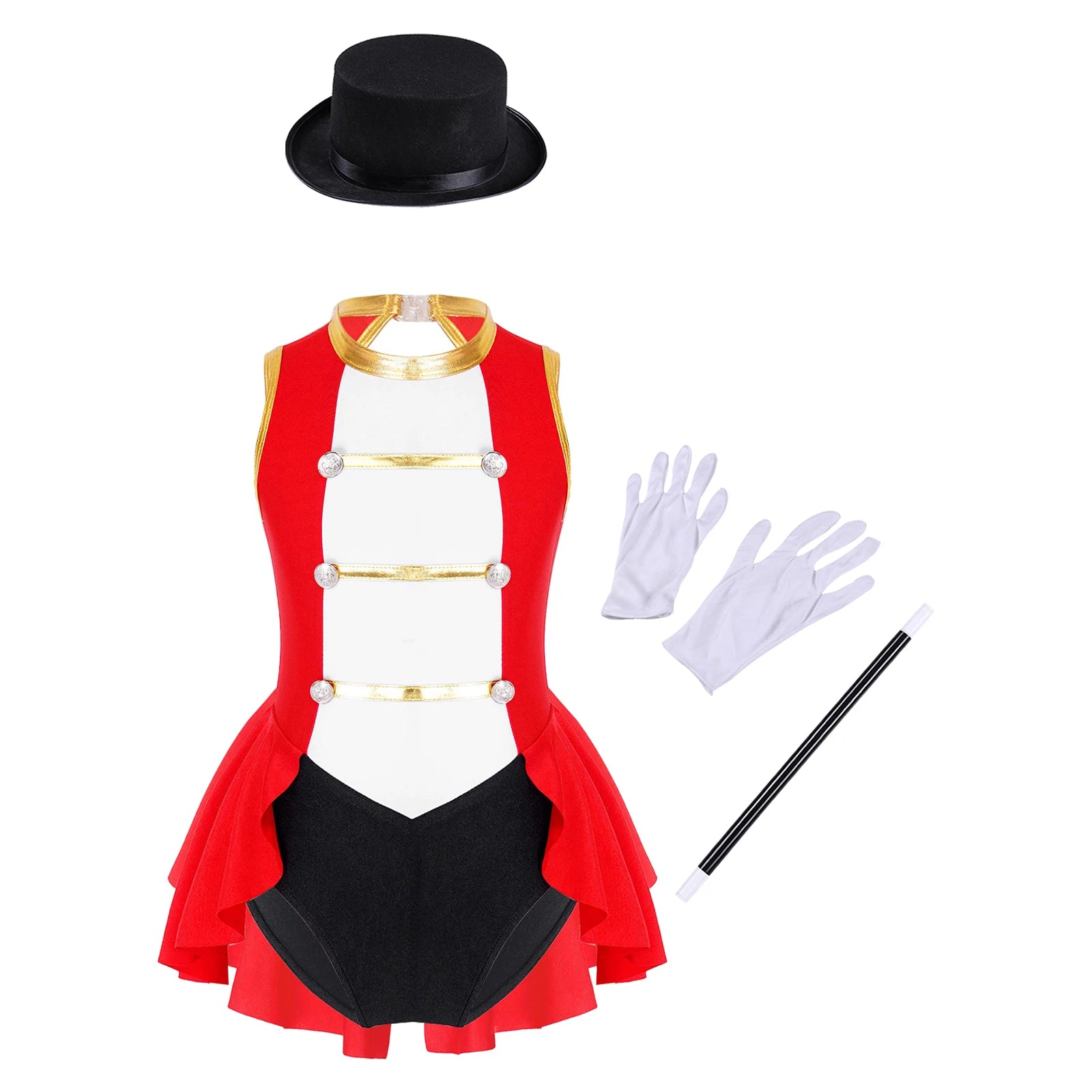 Girls Ringmaster Circus Clown Outfits Costume Dance Leotard Drum Majorette Halloween - Red E / 12