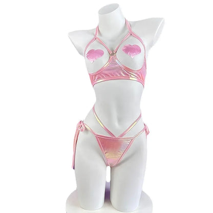 Sexy Lingerie Anime Bunny Girl Cosplay Pink Laser Patent Leather Top Bikini Rabbit Girl Shiny Halloween Underwear