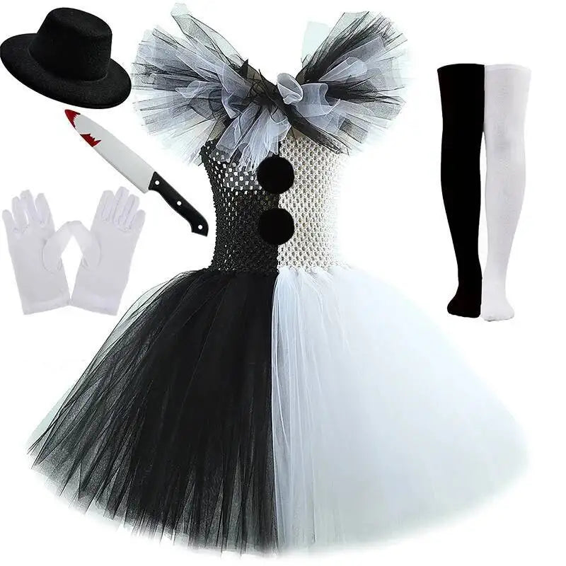 White Black Scary Clown Costumes for Girls Creepy Halloween for Kids Tutus Kids Horror - Dress with 3pc Set / 9Y