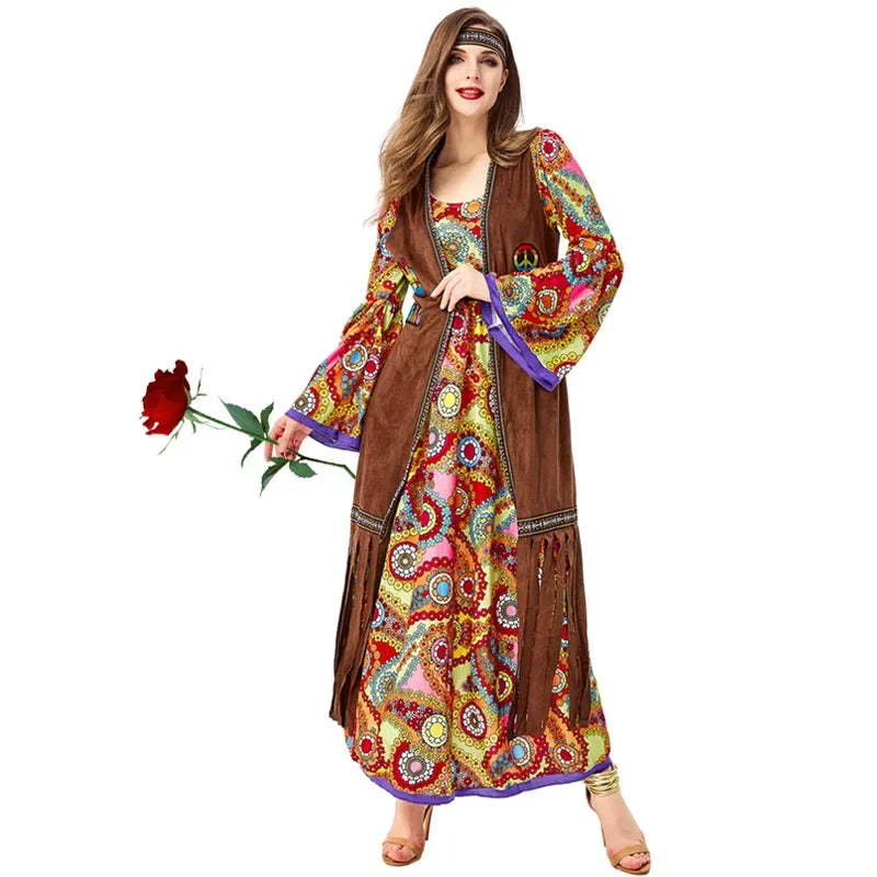 Halloween Costume 70s Outfits Adult Women Hippie Disco Dancing Dress Bohemian Rhapsody - 3 piece set / XXL