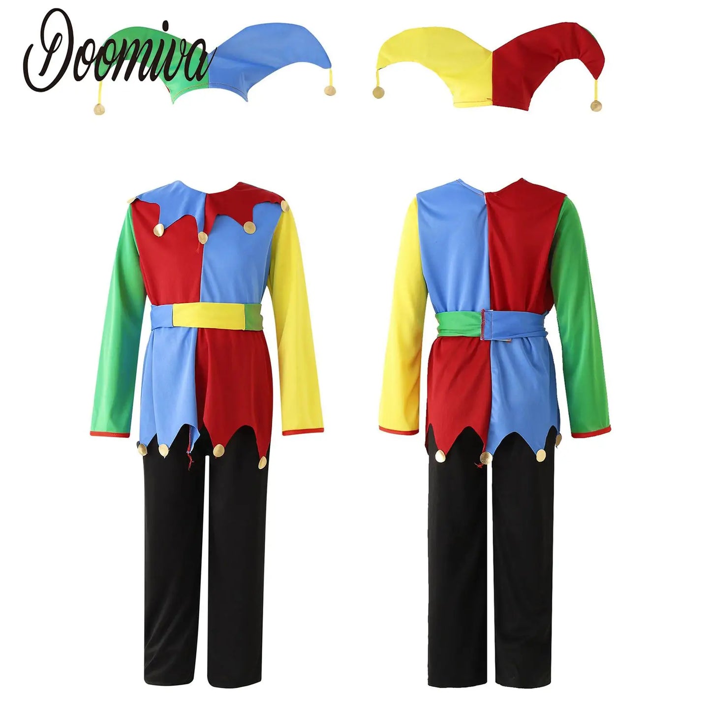 Boys Girls Circus Clown Halloween Up Costume Color Block Dress Clown Hat Pants Set Clowns - Colorful A / 7-10Y