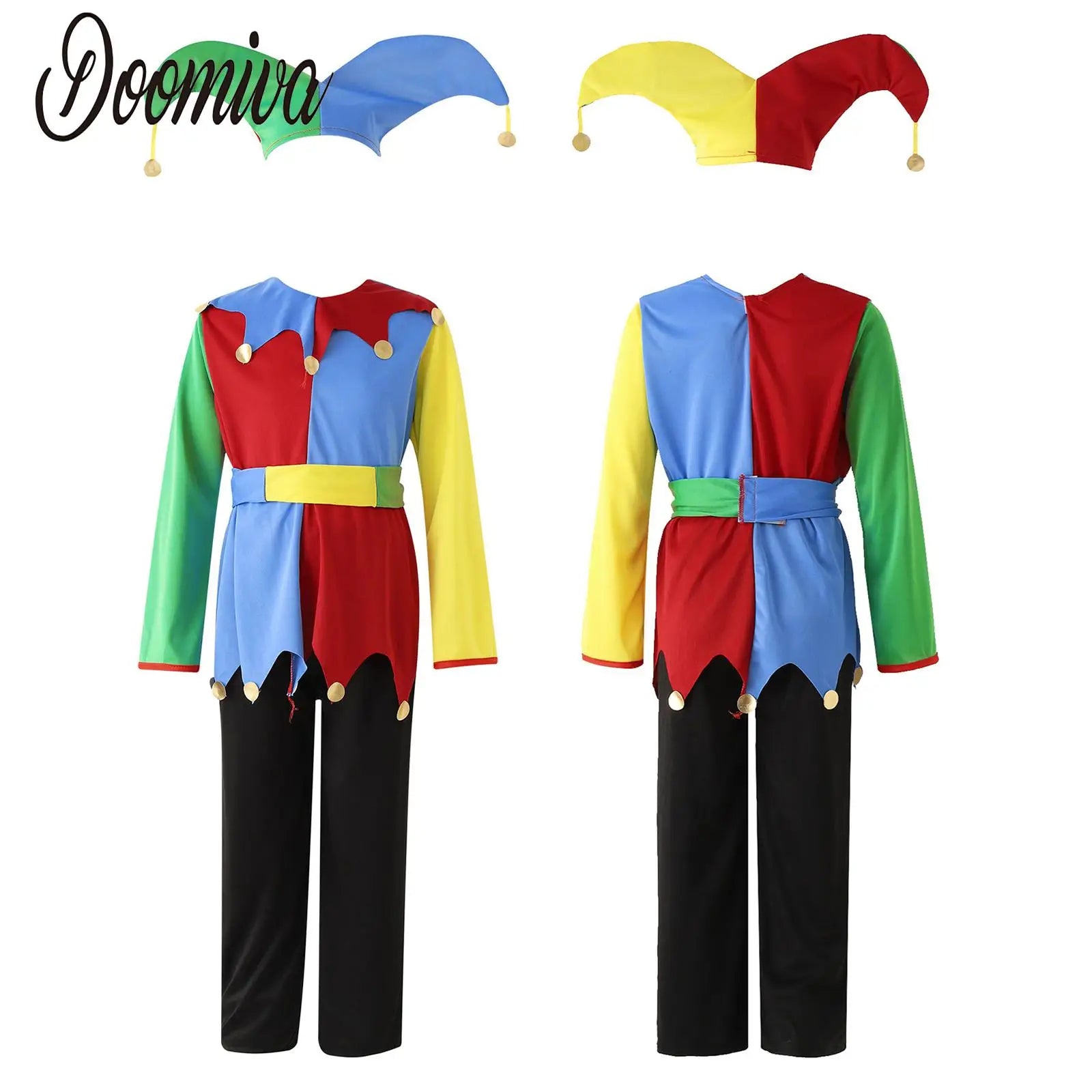 Boys Girls Circus Clown Halloween Up Costume Color Block Dress Clown Hat Pants Set Clowns - Colorful A / 7-10Y