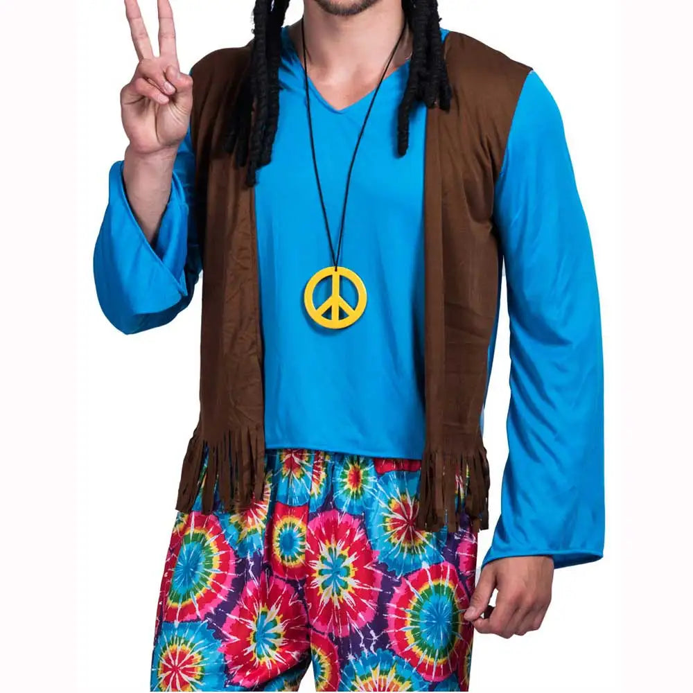 Halloween Hippie Costume Men 60s 70s Hippie Set Pants Shirt Fringe Vest Glass Frame - cosplay set 2 / XL