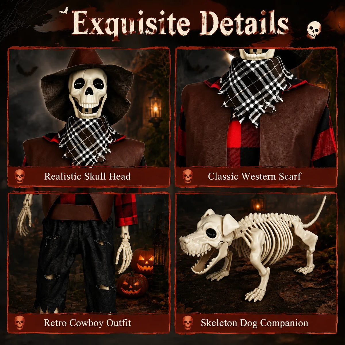36" Posable Skeleton & Dog Cowboy Halloween Decoration Set