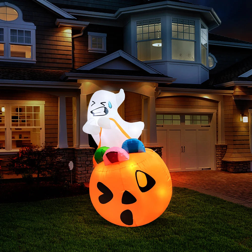 5 Ft Inflatable Ghost Halloween Decoration with LED Lights & Pumpkin Candy Bag